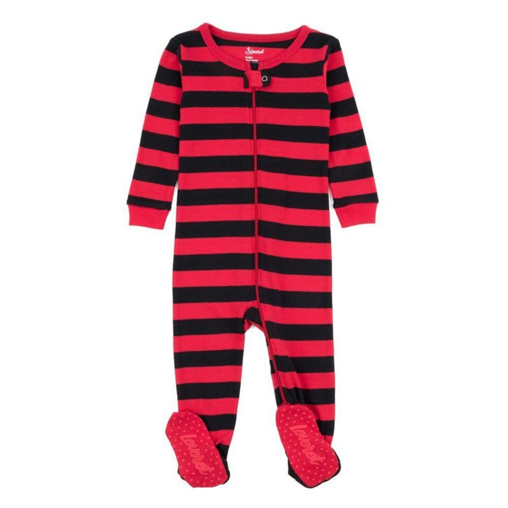 LEVERET -  Footed Cotton Pajamas Striped Red and Blac Red